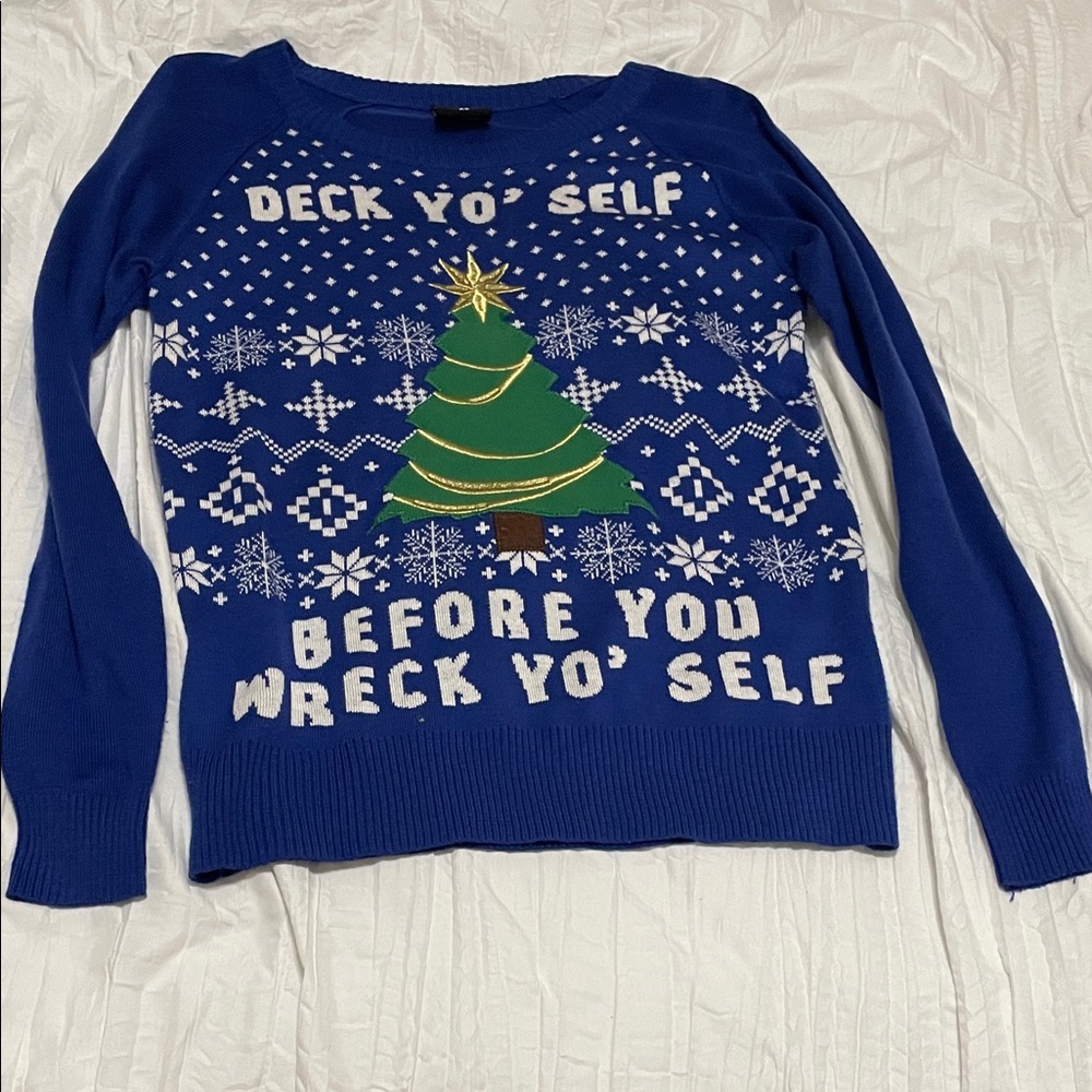 Well Worn Blue Holiday Sweater with Tree Design